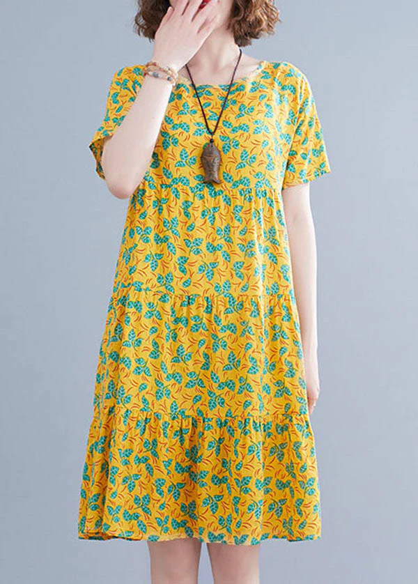 Yellow Print Patchwork Cotton Long Dresses O-Neck Wrinkled Short Sleeve - Image 4