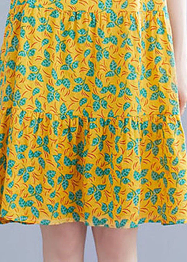 Yellow Print Patchwork Cotton Long Dresses O-Neck Wrinkled Short Sleeve - Image 5