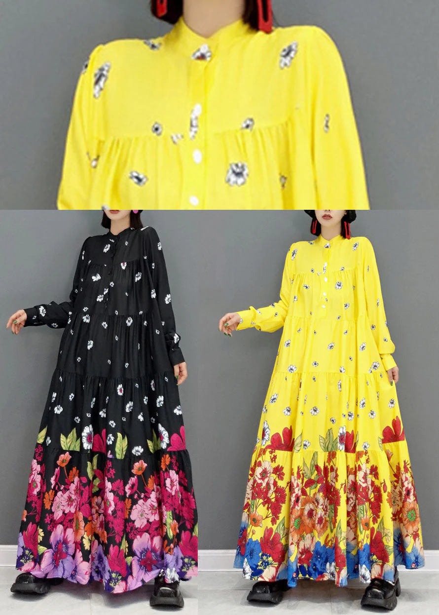 Yellow Print Patchwork Cotton Long Shirt Dresses Wrinkled Long Sleeve - Image 5