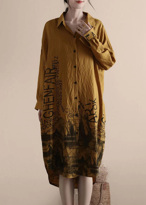 Yellow Print Patchwork Linen Shirts Dresses Peter Pan Collar Spring - Image 2