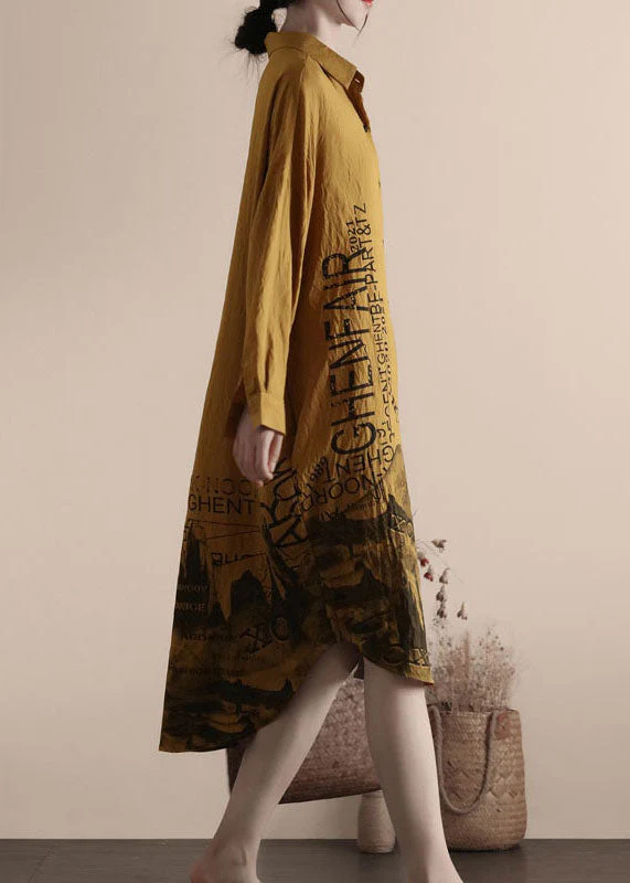 Yellow Print Patchwork Linen Shirts Dresses Peter Pan Collar Spring - Image 3