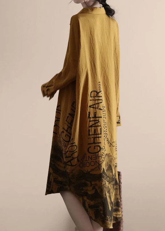 Yellow Print Patchwork Linen Shirts Dresses Peter Pan Collar Spring - Image 4