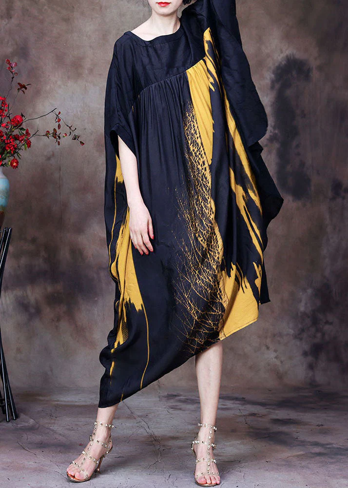 Yellow Print Chiffon Loose Beach Dresses O-Neck Wrinkled Batwing Sleeve - Image 2