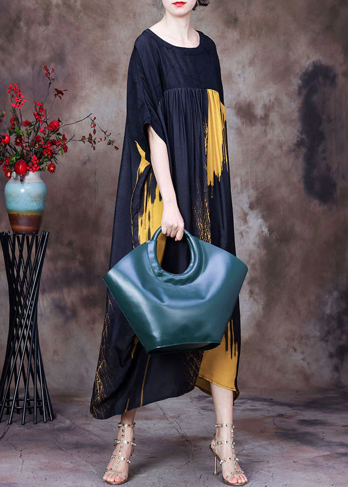 Yellow Print Chiffon Loose Beach Dresses O-Neck Wrinkled Batwing Sleeve - Image 3