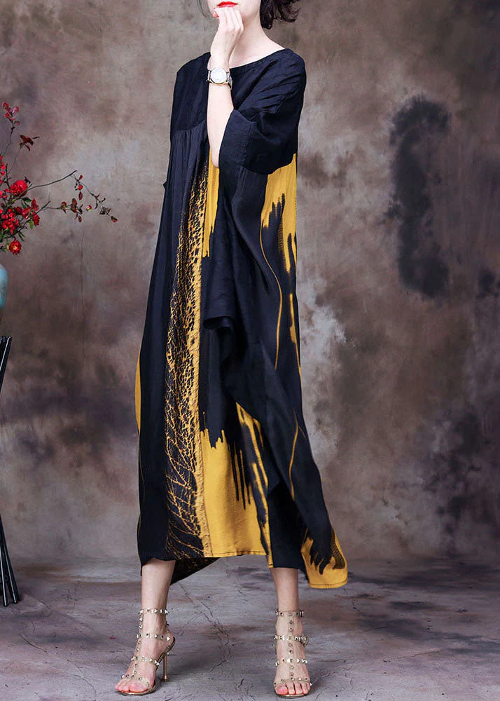 Yellow Print Chiffon Loose Beach Dresses O-Neck Wrinkled Batwing Sleeve - Image 4