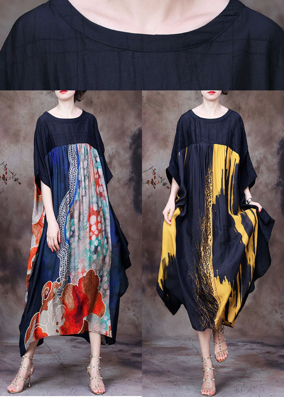 Yellow Print Chiffon Loose Beach Dresses O-Neck Wrinkled Batwing Sleeve - Image 5