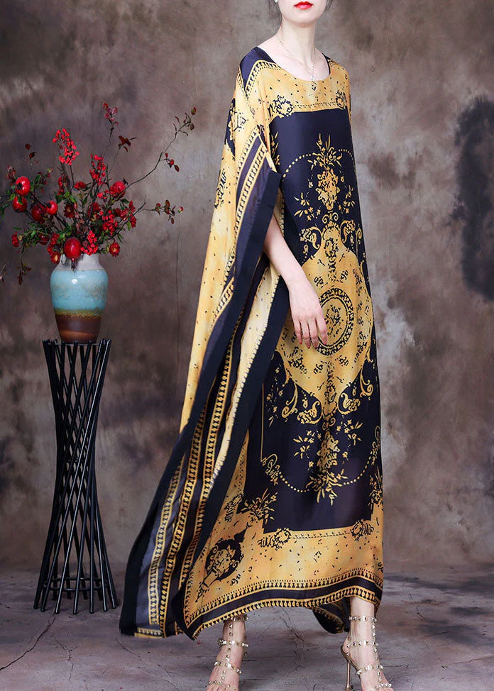 Yellow Print Silk Loose Long Dresses Gown Asymmetrical Design Batwing Sleeve - Image 2
