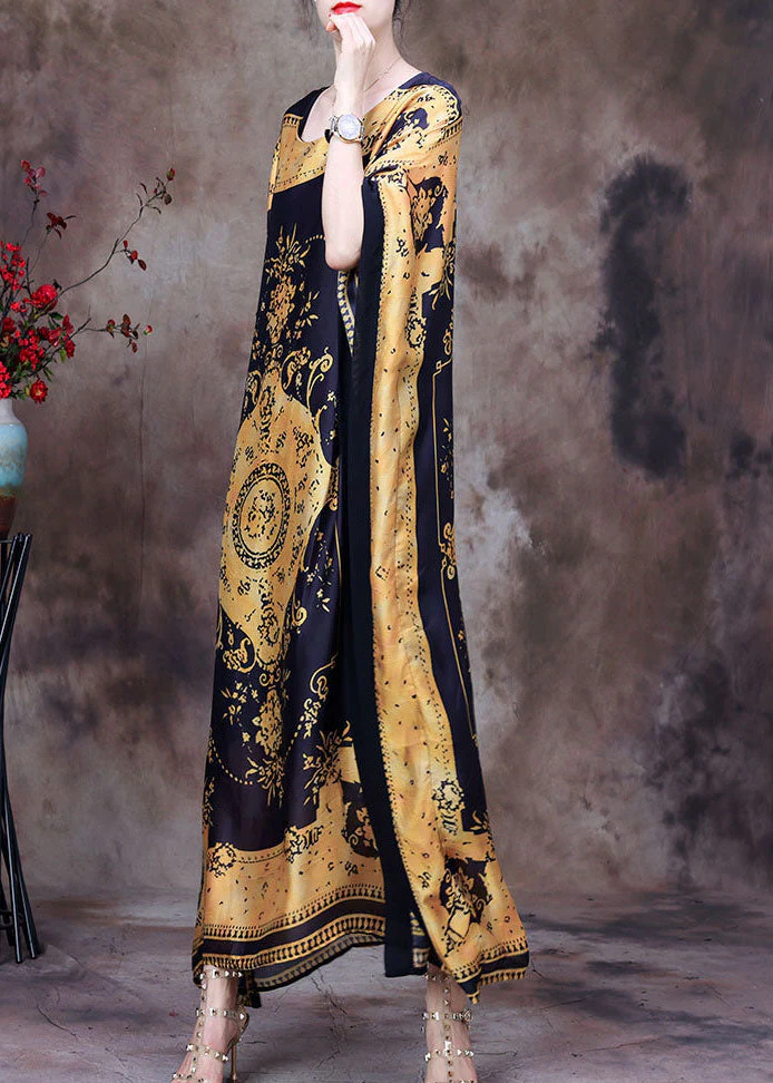 Yellow Print Silk Loose Long Dresses Gown Asymmetrical Design Batwing Sleeve - Image 3