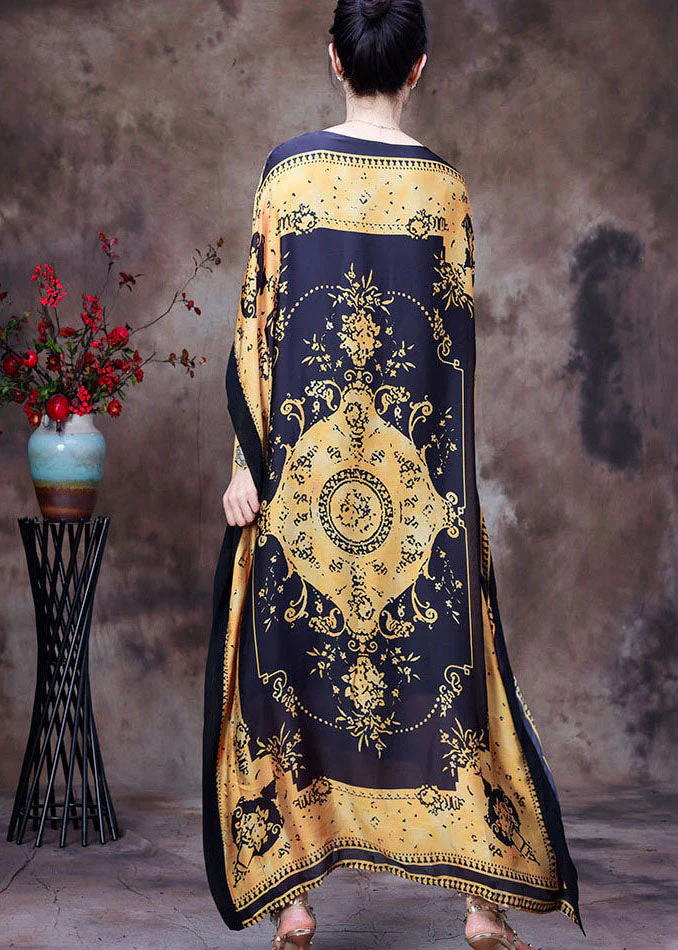 Yellow Print Silk Loose Long Dresses Gown Asymmetrical Design Batwing Sleeve - Image 4