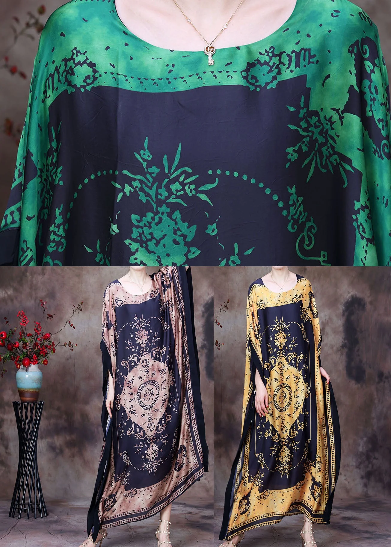 Yellow Print Silk Loose Long Dresses Gown Asymmetrical Design Batwing Sleeve - Image 5