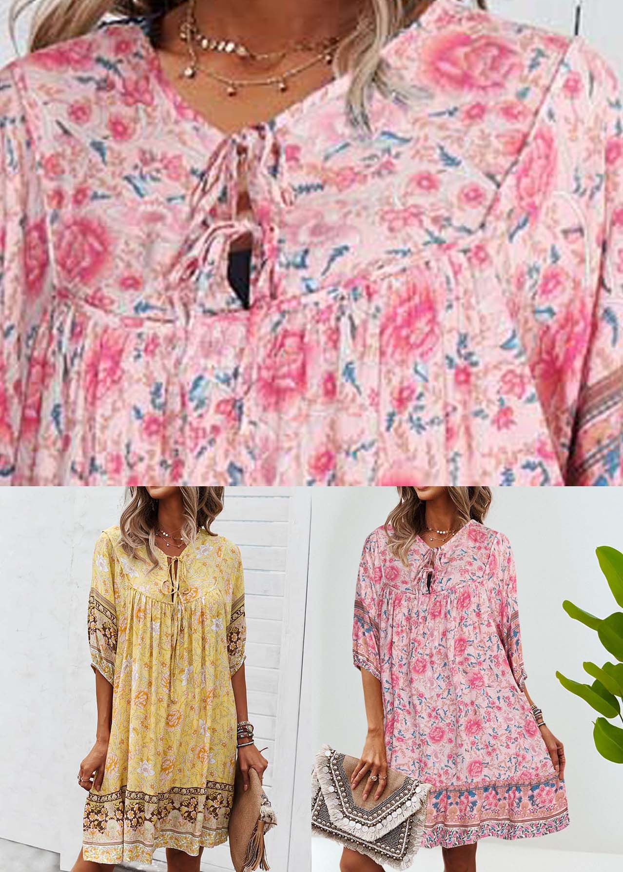 Yellow Print Tie Lace Beach Mid Dress Half Sleeve - Image 5