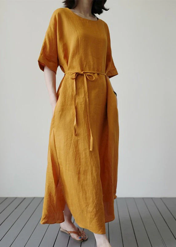 Yellow Side Open Solid Holiday Maxi Dress Short Sleeve - Image 2