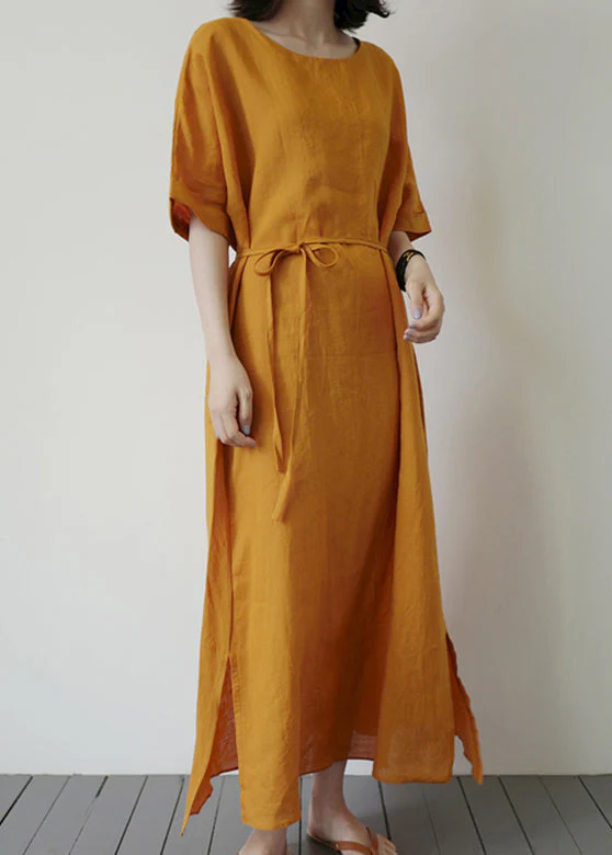Yellow Side Open Solid Holiday Maxi Dress Short Sleeve - Image 3