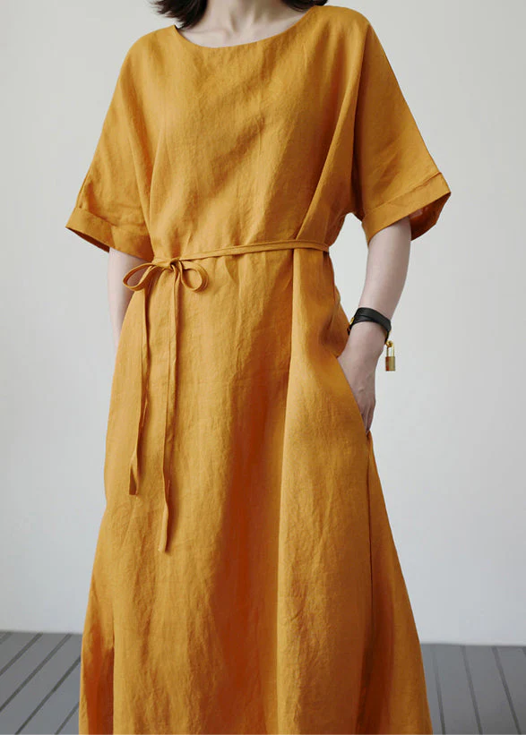 Yellow Side Open Solid Holiday Maxi Dress Short Sleeve - Image 4