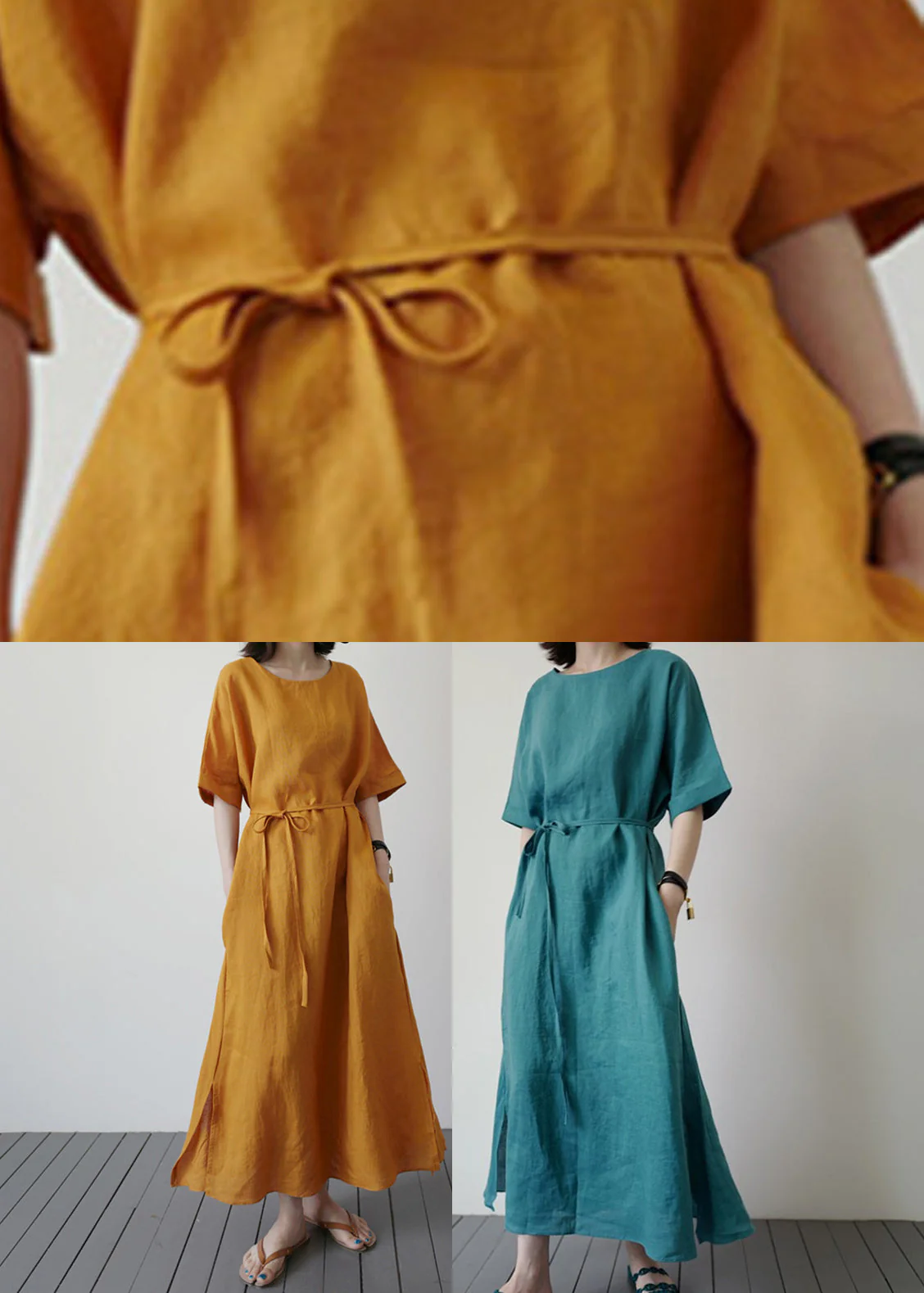 Yellow Side Open Solid Holiday Maxi Dress Short Sleeve - Image 5
