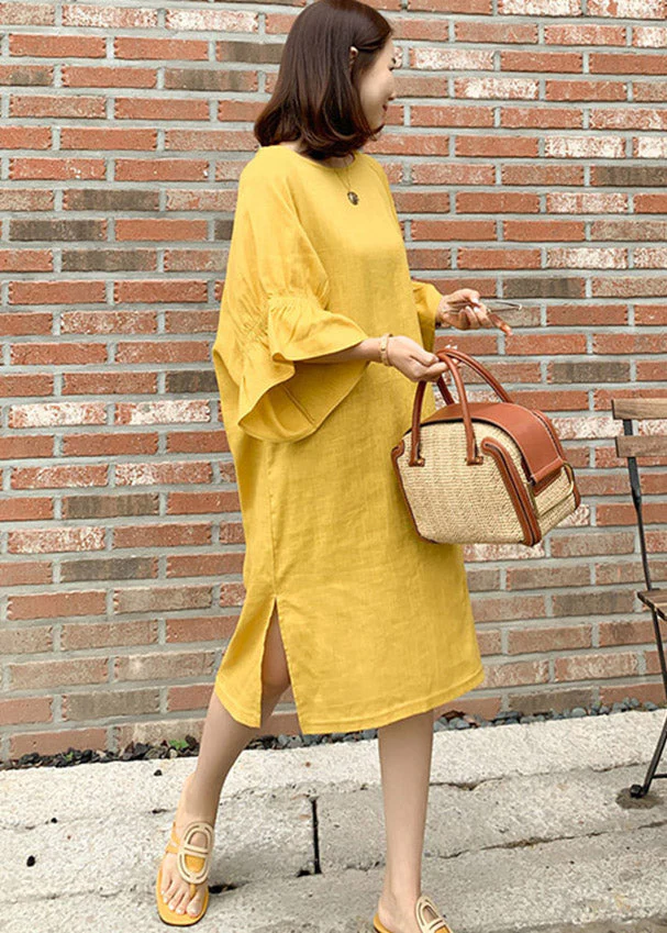 Yellow Side Open Vacation Dresses Half Sleeve - Image 2