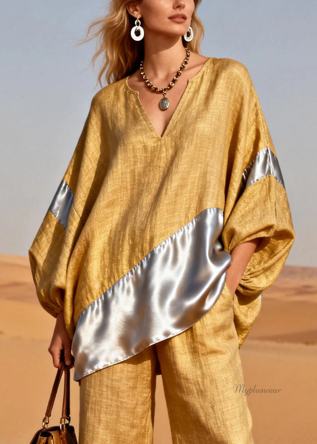 Yellow Silk Patchwork Tops And Pants Two Pieces Set V Neck Spring - Image 2