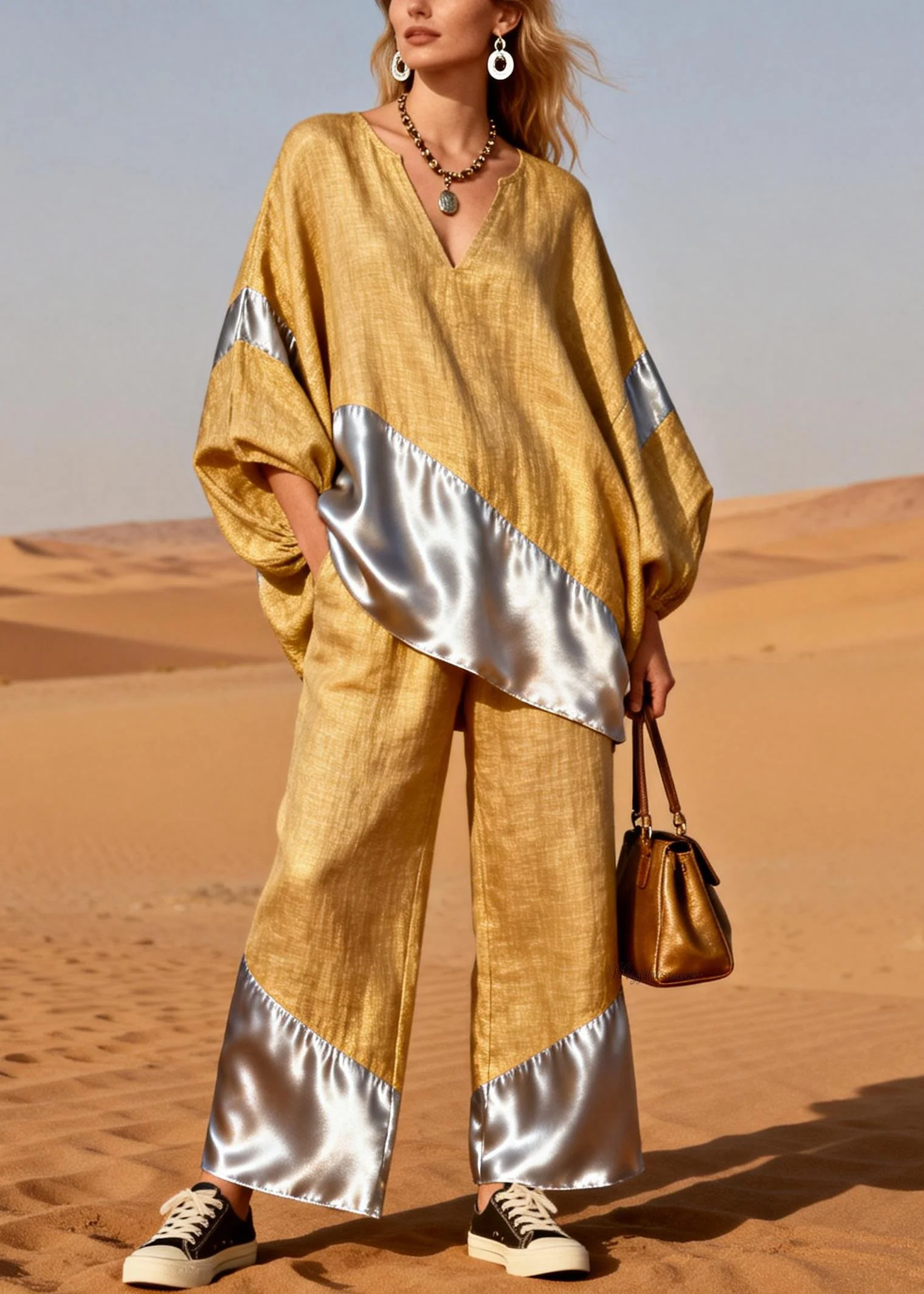 Yellow Silk Patchwork Tops And Pants Two Pieces Set V Neck Spring - Image 3