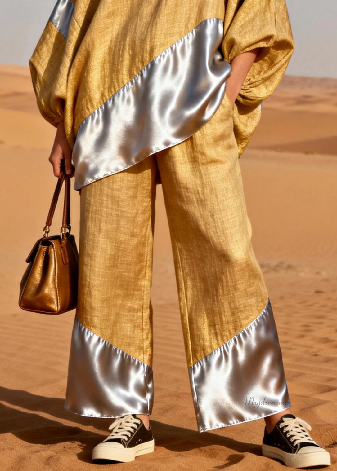 Yellow Silk Patchwork Tops And Pants Two Pieces Set V Neck Spring - Image 4