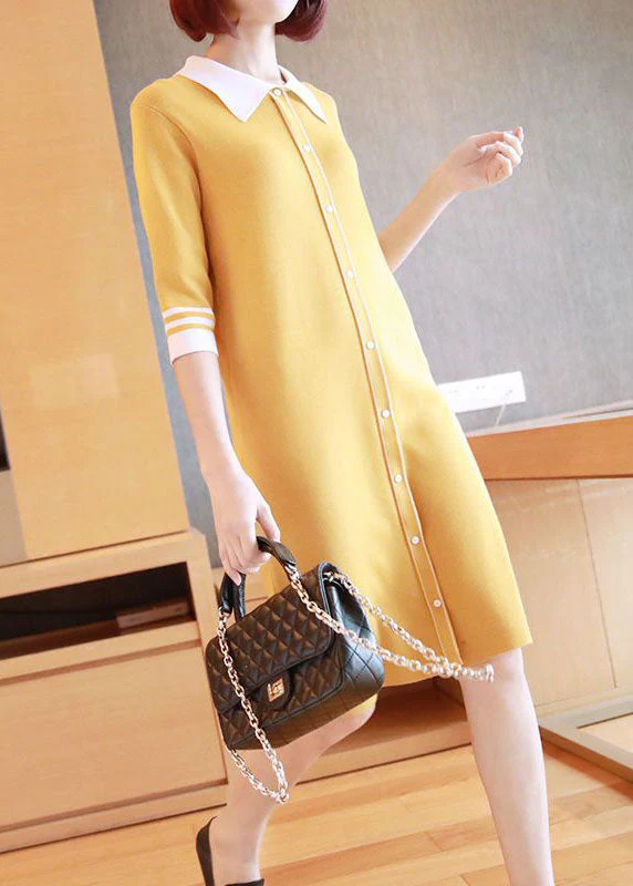 Yellow Slim Fit Knit Mid Dress Turn-down Collar Half Sleeve - Image 3