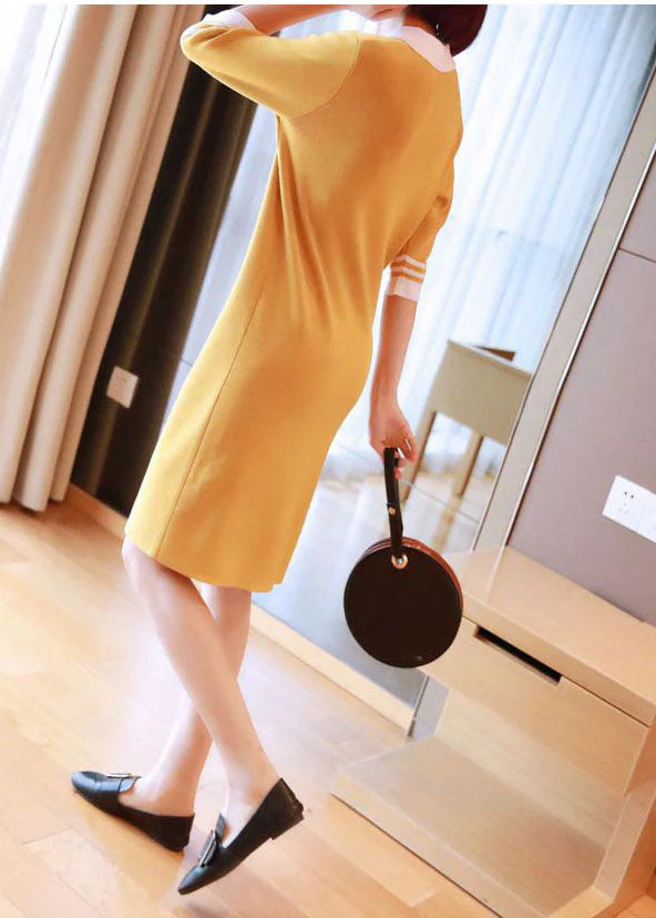 Yellow Slim Fit Knit Mid Dress Turn-down Collar Half Sleeve - Image 4