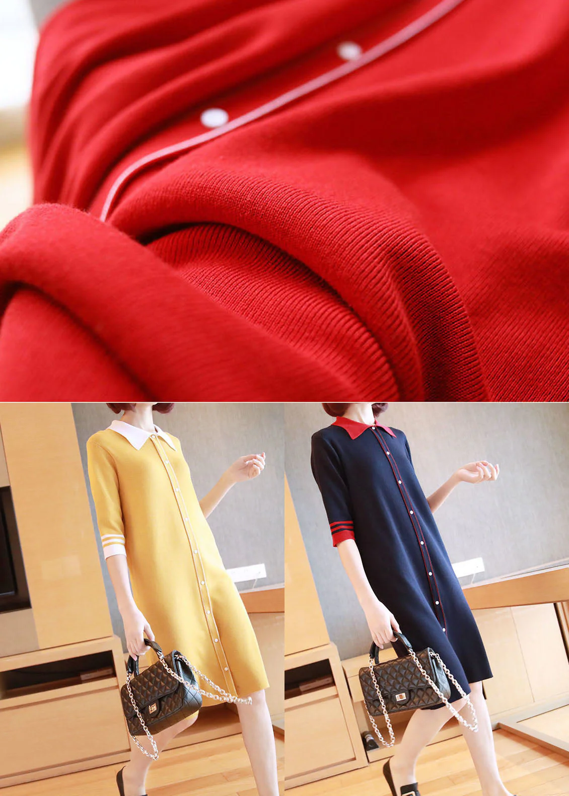 Yellow Slim Fit Knit Mid Dress Turn-down Collar Half Sleeve - Image 5