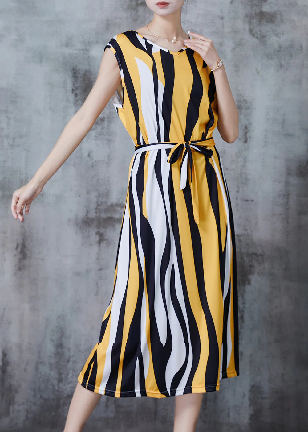 Yellow Striped Chiffon Holiday Dress Sleeveless - Image 2