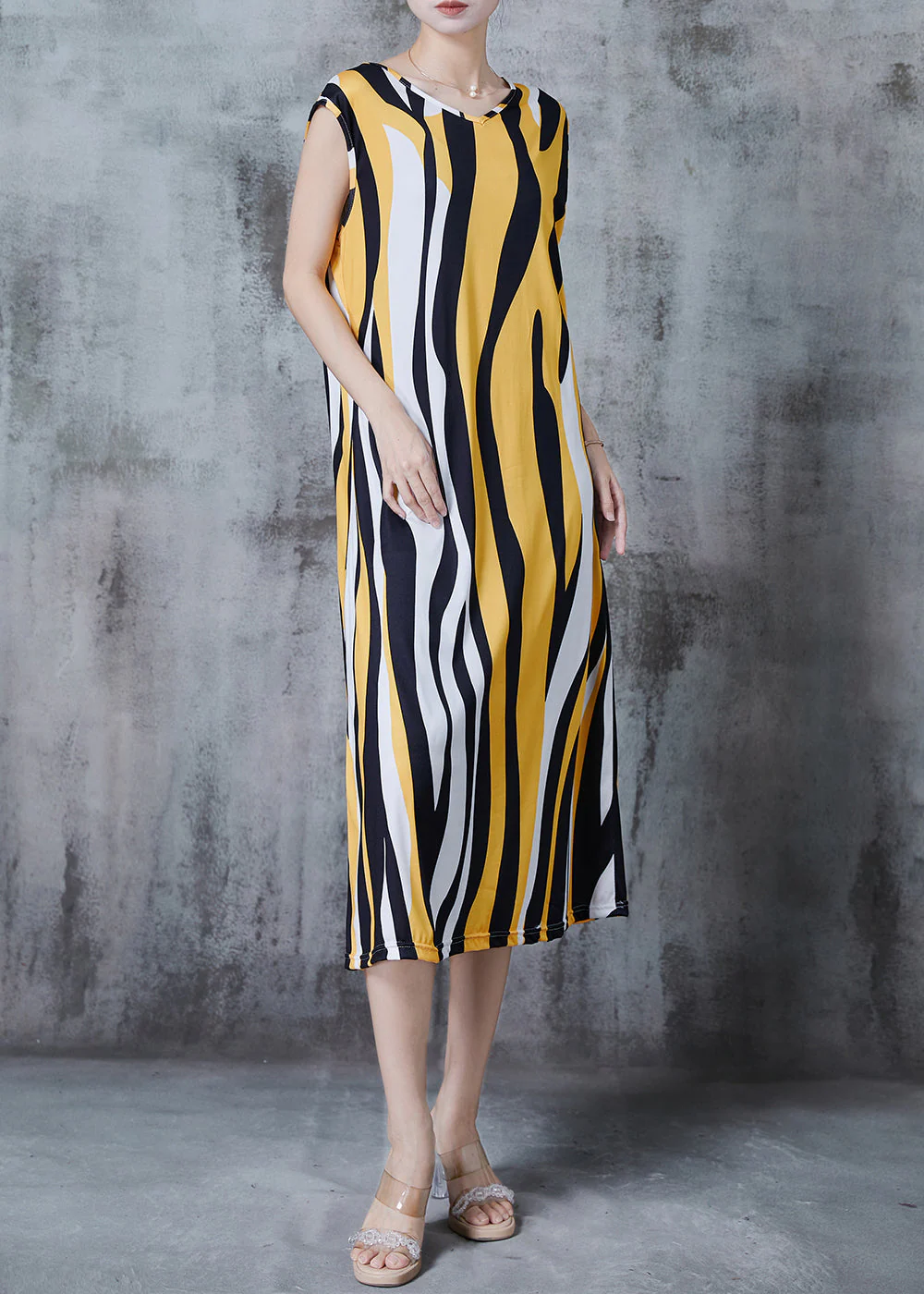 Yellow Striped Chiffon Holiday Dress Sleeveless - Image 3