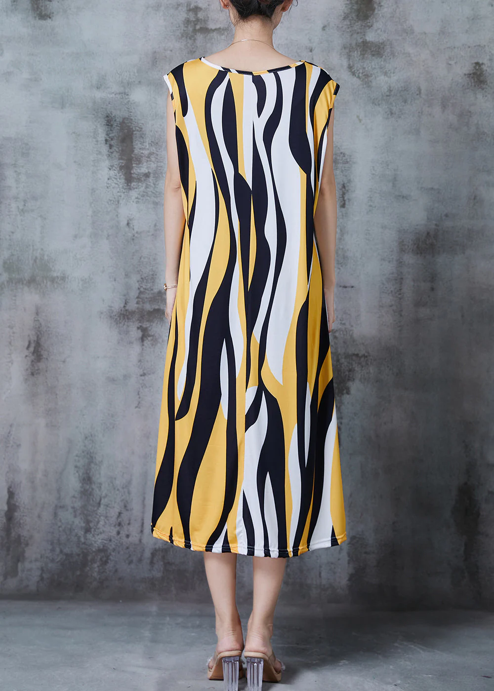 Yellow Striped Chiffon Holiday Dress Sleeveless - Image 4