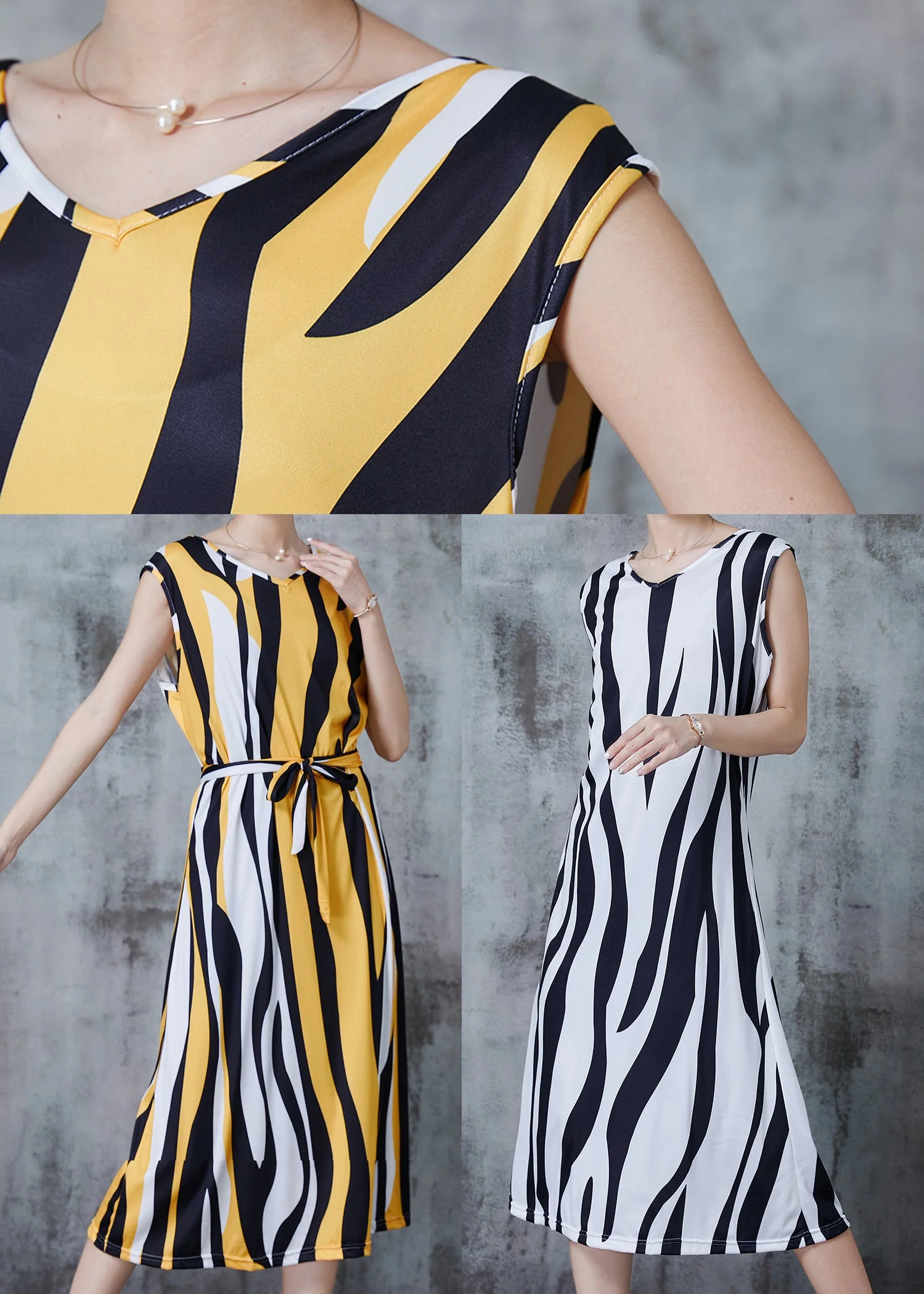 Yellow Striped Chiffon Holiday Dress Sleeveless - Image 5