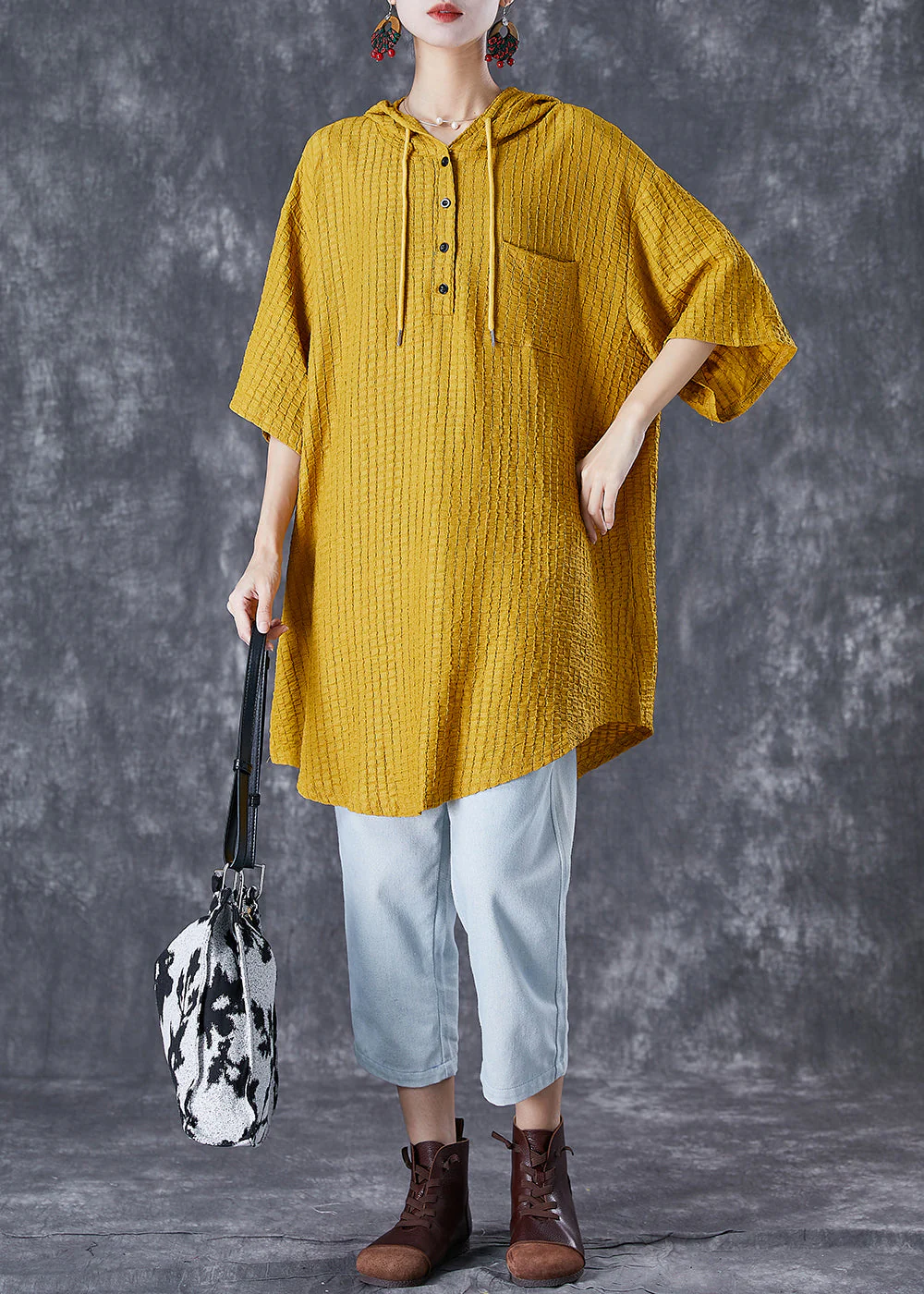 Yellow Striped Cotton Dress Oversized Hooded Summer - Image 2