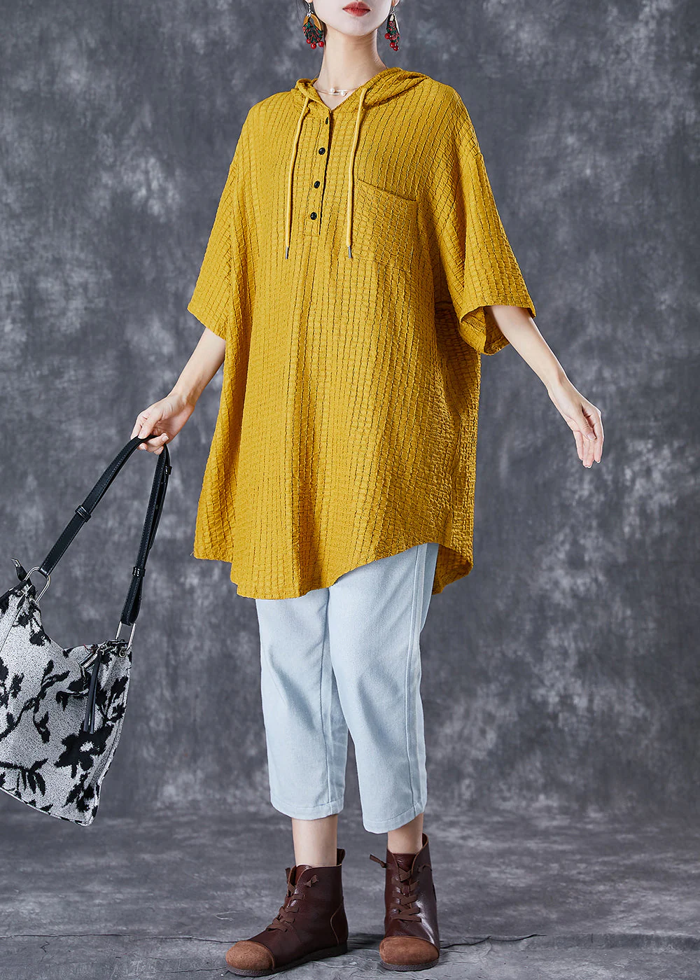 Yellow Striped Cotton Dress Oversized Hooded Summer - Image 3