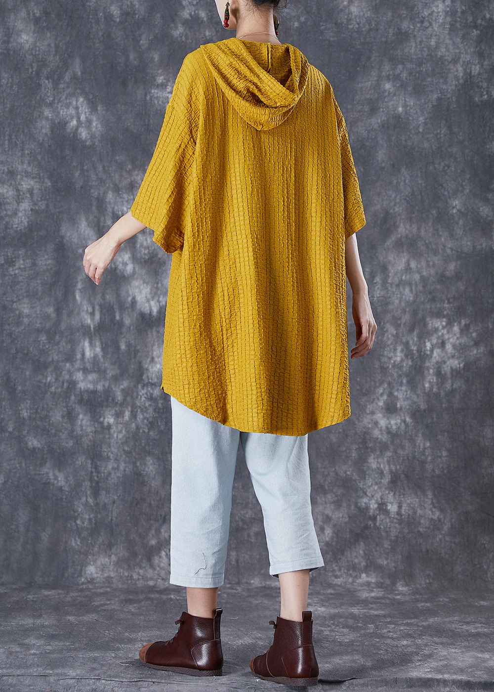 Yellow Striped Cotton Dress Oversized Hooded Summer - Image 4