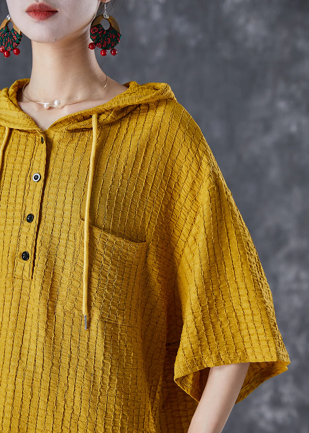 Yellow Striped Cotton Dress Oversized Hooded Summer - Image 5