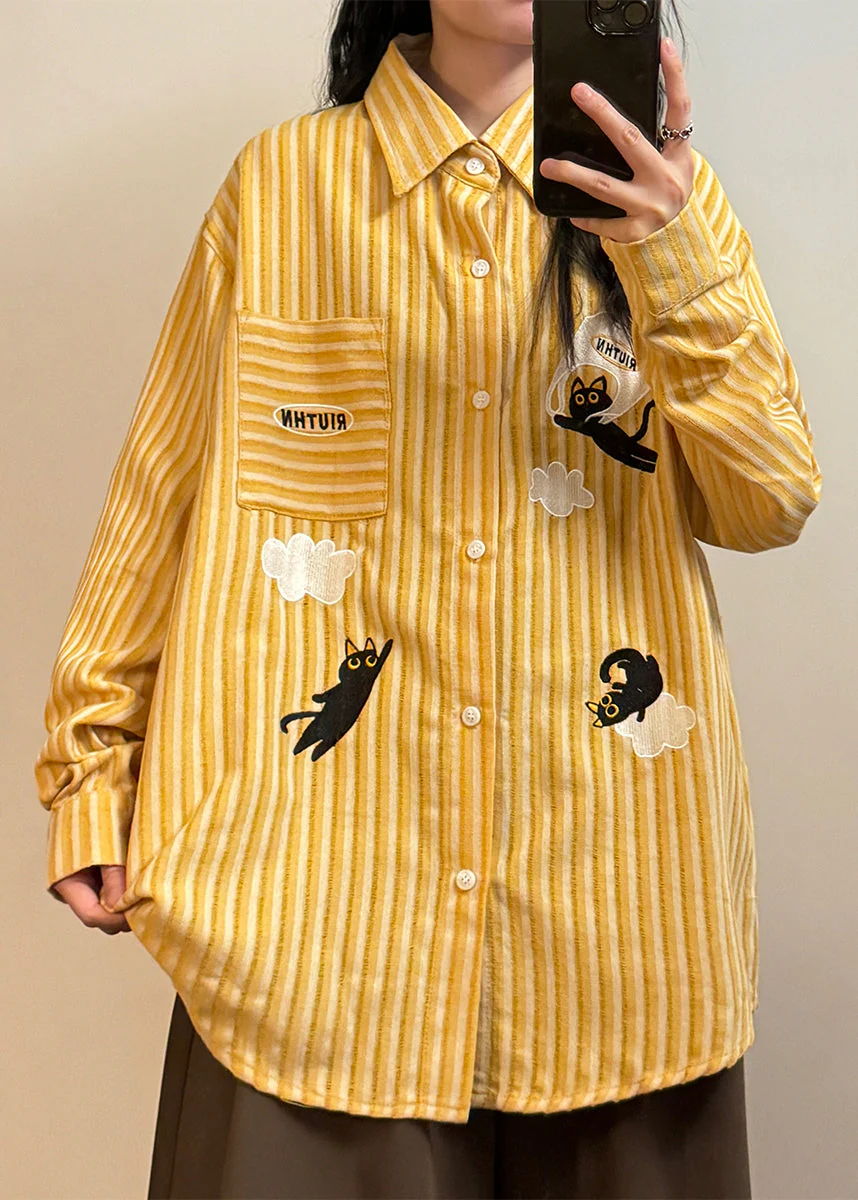Yellow Striped Pockets Shirt Embroidered Spring - Image 2