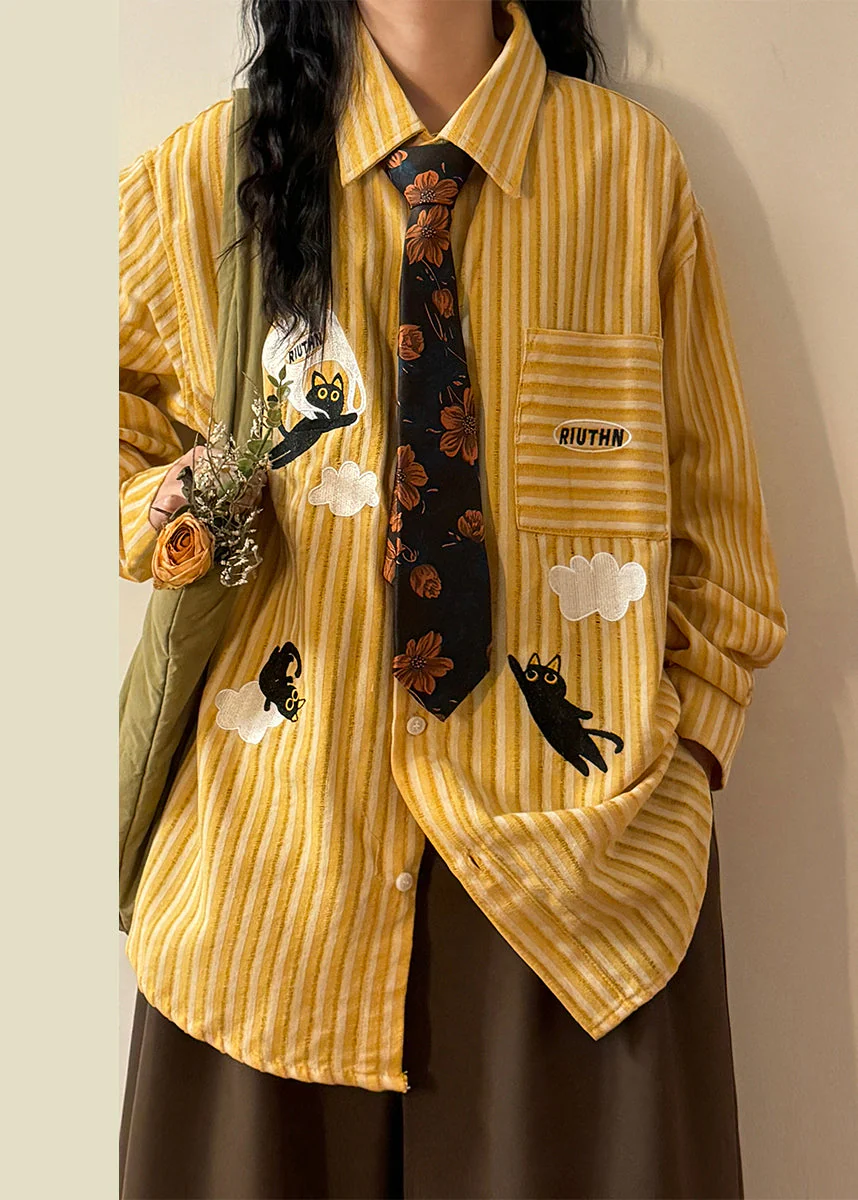 Yellow Striped Pockets Shirt Embroidered Spring - Image 3