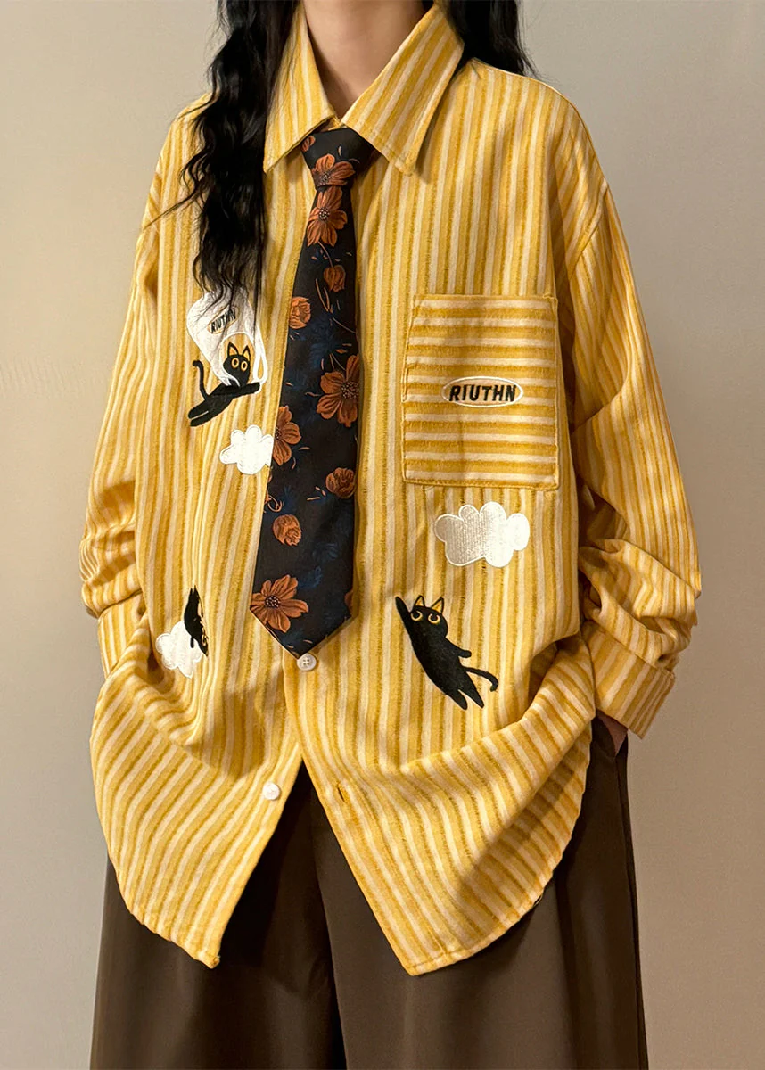 Yellow Striped Pockets Shirt Embroidered Spring - Image 4