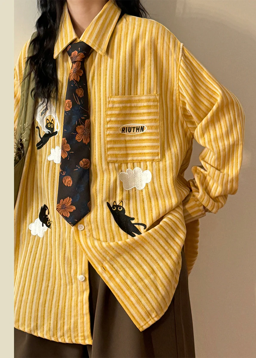 Yellow Striped Pockets Shirt Embroidered Spring - Image 5