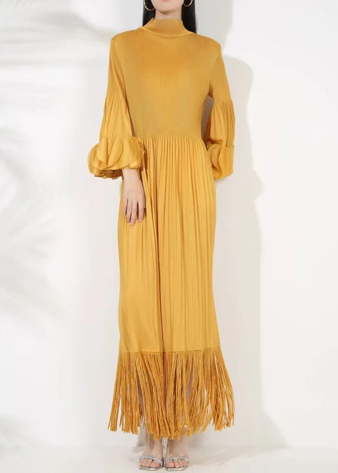Yellow Tasseled Cotton Long Dress Turtleneck Petal Sleeve - Image 2