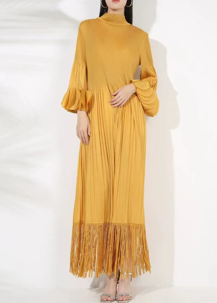 Yellow Tasseled Cotton Long Dress Turtleneck Petal Sleeve - Image 3