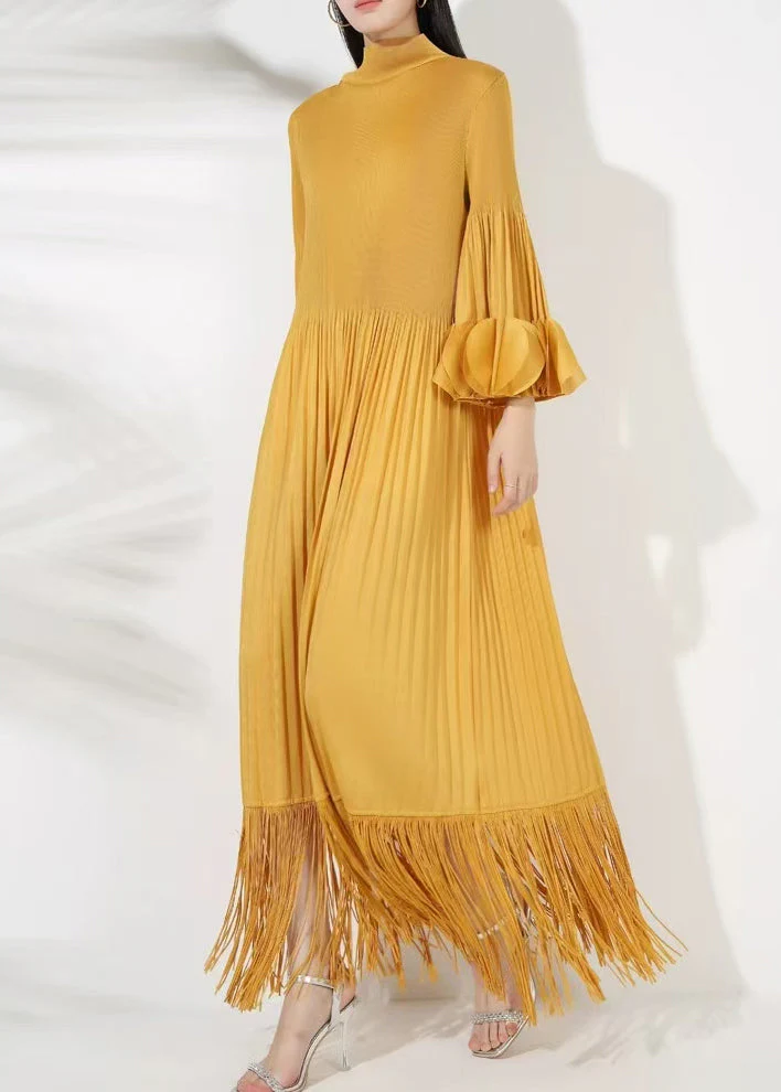 Yellow Tasseled Cotton Long Dress Turtleneck Petal Sleeve - Image 4