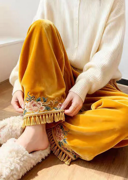 Yellow Tasseled Elastic Waist Silk Velvet Pants Embroidered - Image 3