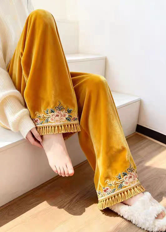 Yellow Tasseled Elastic Waist Silk Velvet Pants Embroidered - Image 4