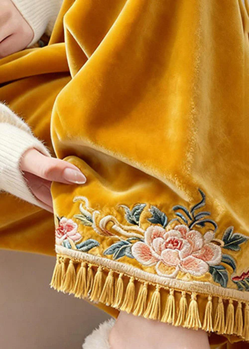 Yellow Tasseled Elastic Waist Silk Velvet Pants Embroidered - Image 5