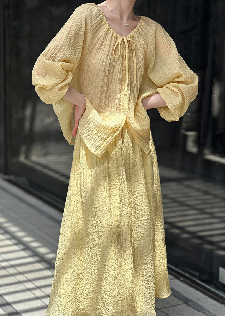 Yellow Tie Lace Solid Top And Maxi Skirts Two-Piece Set Fall - Image 2