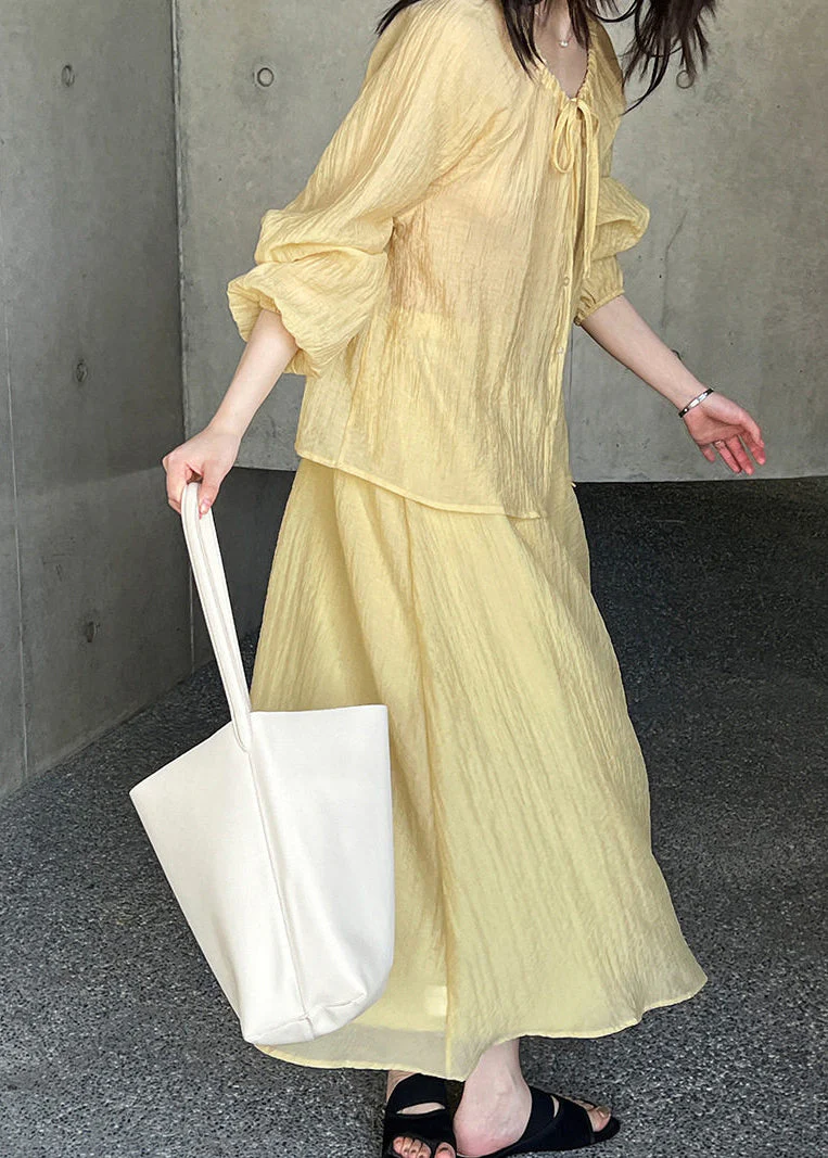 Yellow Tie Lace Solid Top And Maxi Skirts Two-Piece Set Fall - Image 3