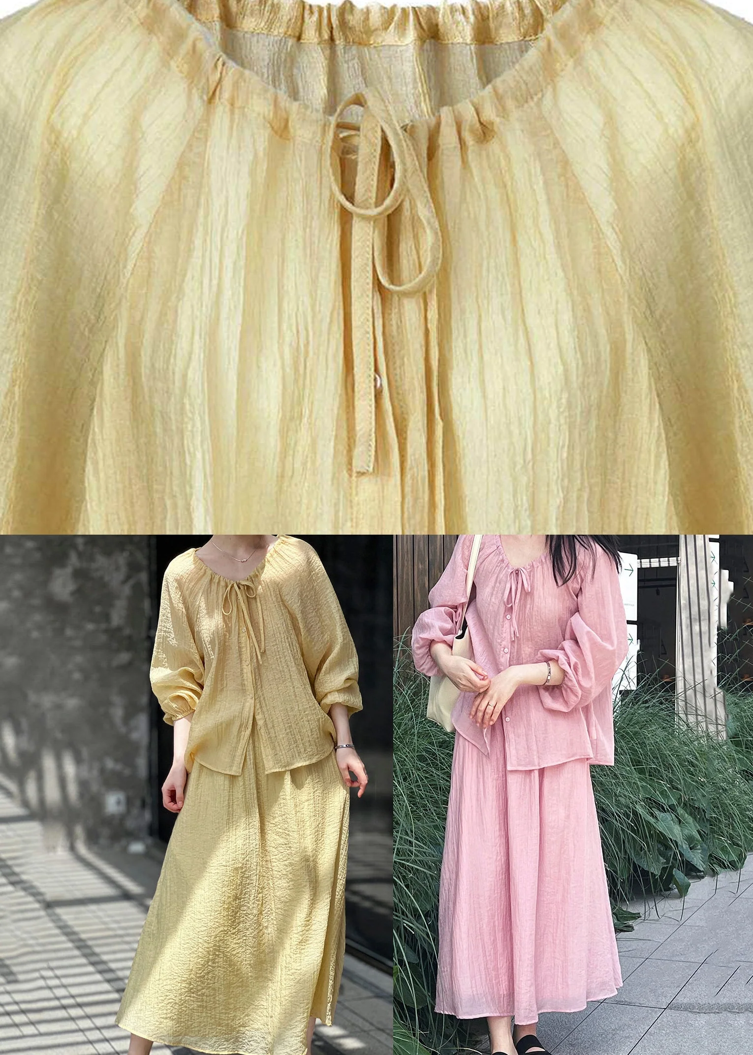 Yellow Tie Lace Solid Top And Maxi Skirts Two-Piece Set Fall - Image 5