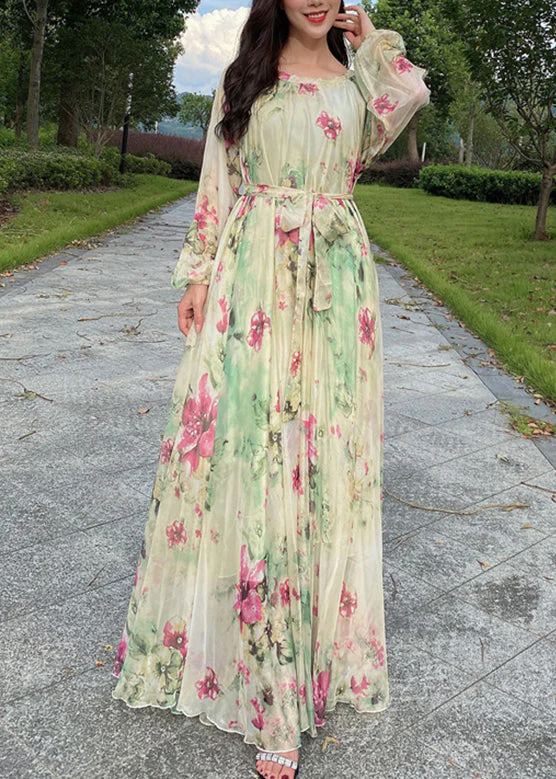 Yellow Tie Waist Chiffon Maxi Beach Dresses Long Sleeve - Image 3