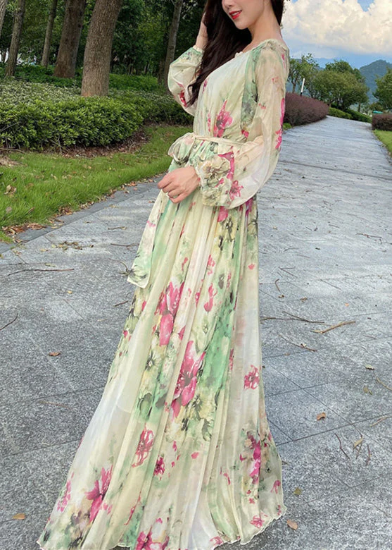 Yellow Tie Waist Chiffon Maxi Beach Dresses Long Sleeve - Image 4