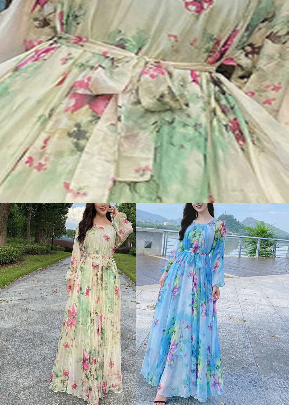 Yellow Tie Waist Chiffon Maxi Beach Dresses Long Sleeve - Image 5